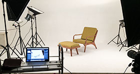Lights set up in Studio 1 of Fortune Studios for a furniture photoshoot.
