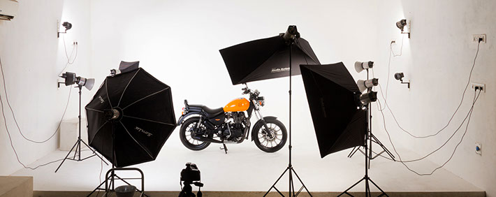 Photograph of Studio 1 Set up for an automotive product photo shoot. There are a total of 12